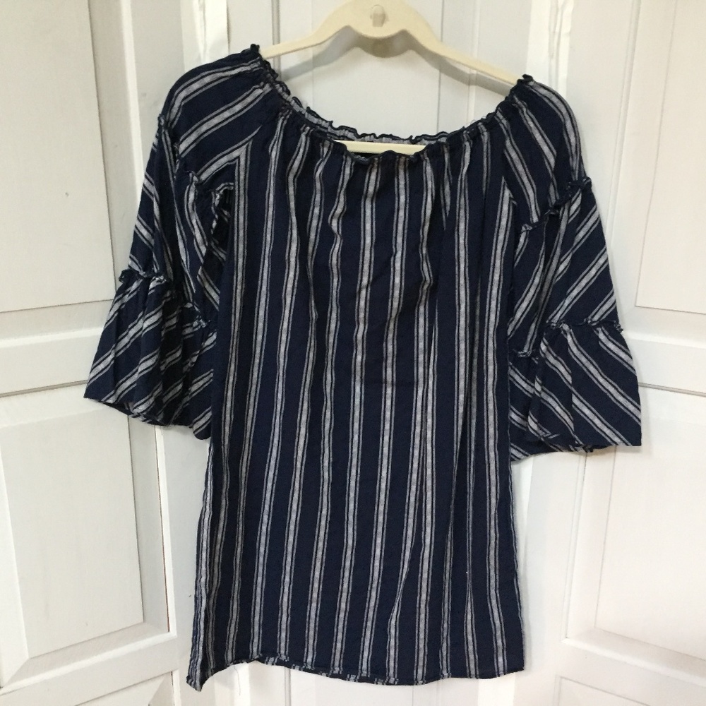DREW Navy and Gray Striped Blouse